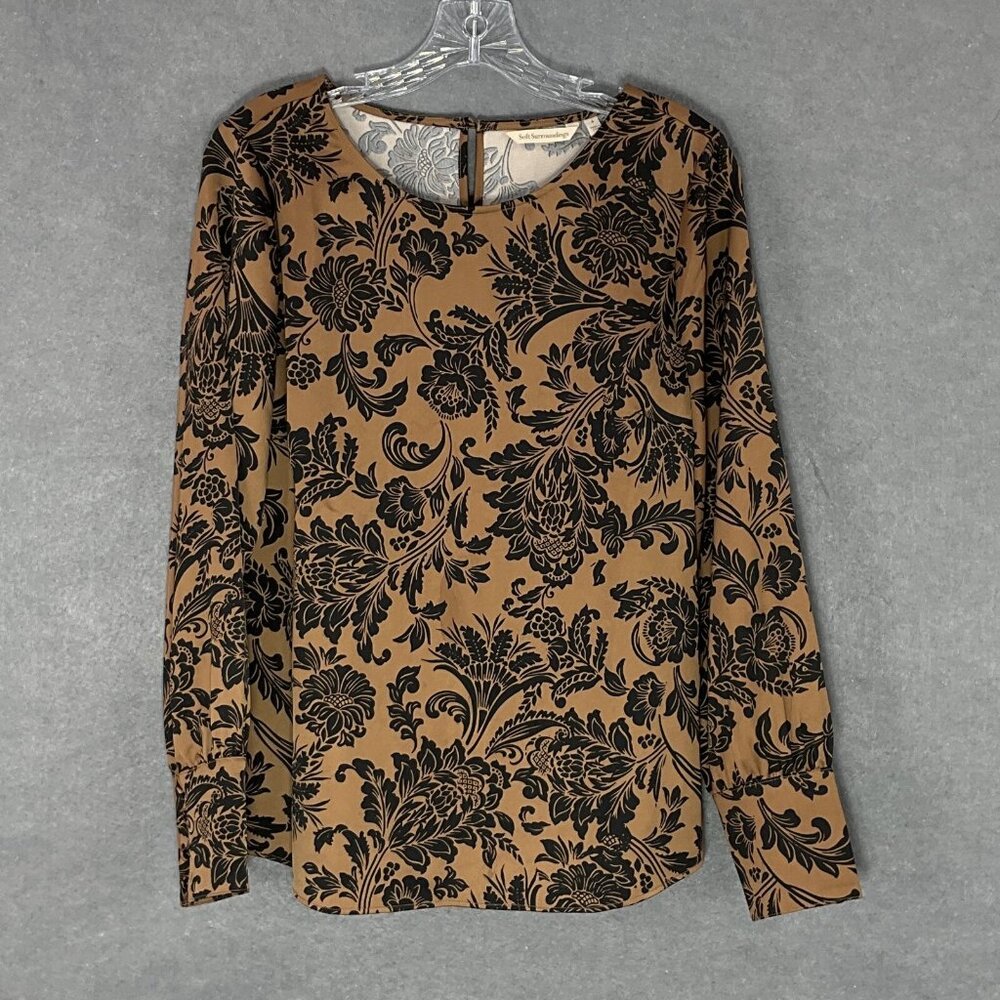 Soft Surroundings Top Womens Sz‎ S Black Floral Patterned Gather Cuffs Blouse